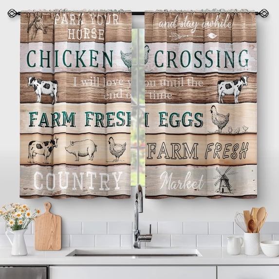 Farmhouse Country Rustic Kitchen Curtains - Retro Farm Wooden Rooster Vintage Style Animal Short Cafe Tier Curtains Decor for Dining Room Rod Pocket Window Drapes 36 Inch Length 2 Panels Set