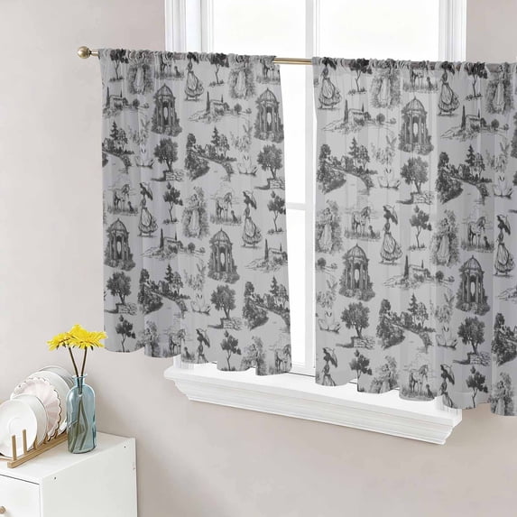 Farmhouse Country Sheer Curtains 54 Inch Length 2 Panels Set, Vintage French Garden Horse Swan Voile Window Treatment Rod Pocket Short Kitchen Curtains Drapes for Bedroom 52"x54"x2