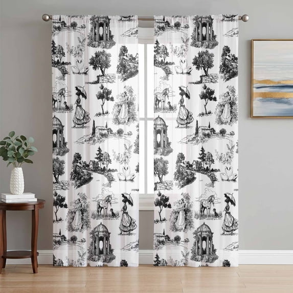 Farmhouse Country Sheer Curtains 63 Inch Length 2 Panels Set, Retro French Garden Horse Swan Voile Window Treatment Rod Pocket Curtains Sheers Drapes for Bedroom/Living Room/Kitchen 52x"63"x2