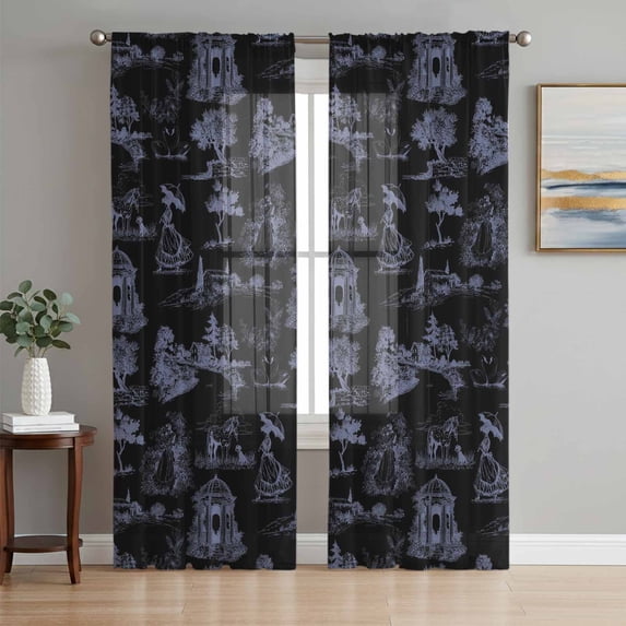 Farmhouse Country Sheer Curtains 72 Inch Length 2 Panels Set, Vintage Black French Garden Horse Swan Voile Window Treatment Rod Pocket Curtains Sheers Drapes for Bedroom/Living Room/Kitchen 52"x72"x2