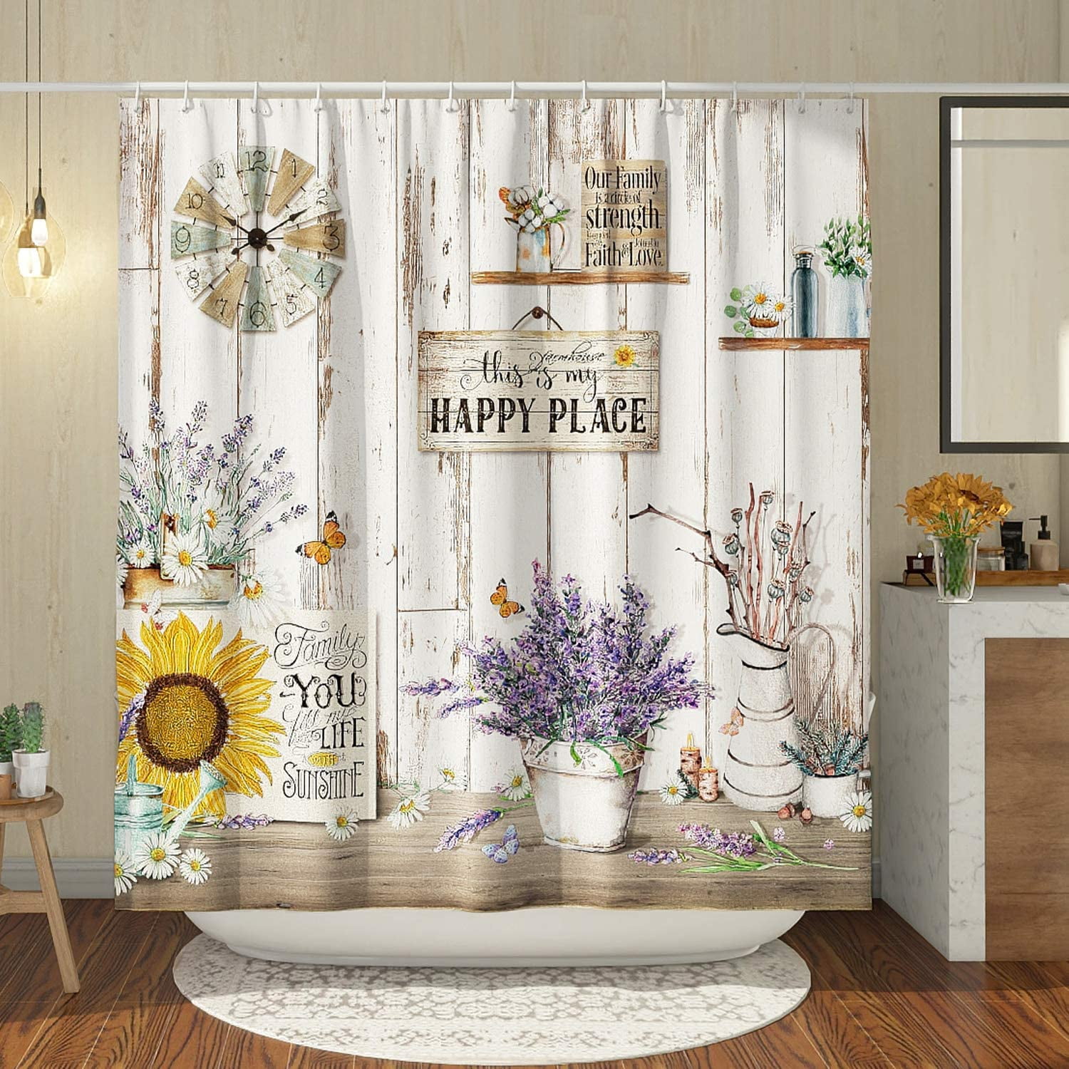 Farmhouse Country Shower Curtain Set Rustic Vintage Shower Curtains for Bathroom Antique Wood Bathroom Decor Polyester Fabric-72" x 72"