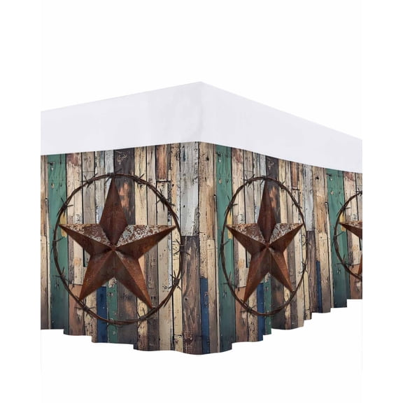 Farmhouse Country Star Bed Skirt Texas Star Shabby Wood Grain Bed Skirts Queen Size 16 Inch Drop, Wrap Around Dust Ruffle&nbsp;Bedskirt with Adjustable Elastic Belt for Queen Size Beds