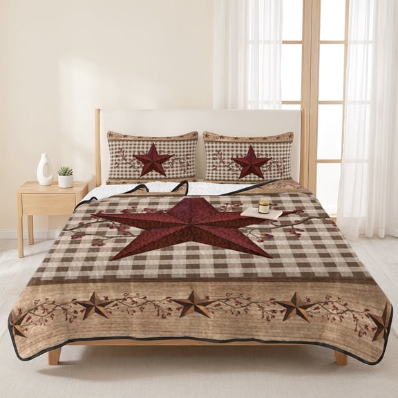 Farmhouse Country Star Berry 3 Pieces Quilt Set,1 Quilt with 2 Shams,Retro Wood Board Buffalo Plaid Bedspread Soft Lightweight Bedding Coverlet Comforter Set for All Season 96"x106"