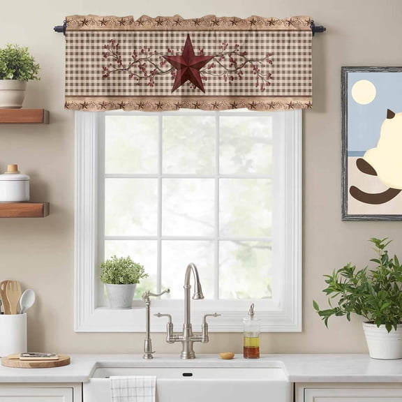 Farmhouse Country Star Berry Valances for Windows,Kitchen Valance Rod Pocket Short Curtain, Retro Wood Board Buffalo Plaid Valance Curtain Window Valances for Bedroom Bathroom Living Room 54x18in