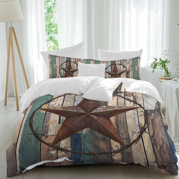 Farmhouse Country Star Comforter Set Queen Size, Texas Star Shabby Wood Grain Soft Bedding Set for Man Woman, 4 Pieces Duvet Cover Set with Fitted Sheet, 2 Pillowcases