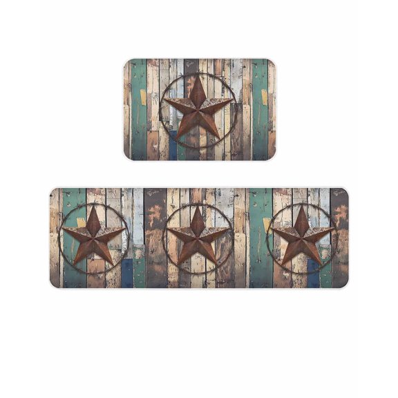 Farmhouse Country Star Kitchen Mats for Floor 2 Piece, Texas Star Shabby Wood Grain Absorbent Non-Slip Kitchen Rugs Comfort Standing Mat for Laundry, Hallways 15.7"x23.6"+15.7"x47.2"