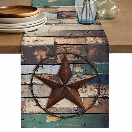 Farmhouse Country Star Table Runner, Texas Star Cotton Linen Kitchen Table Decoration Washable Dining Tabletop Runners for Home Party Decor 18x72 Inches