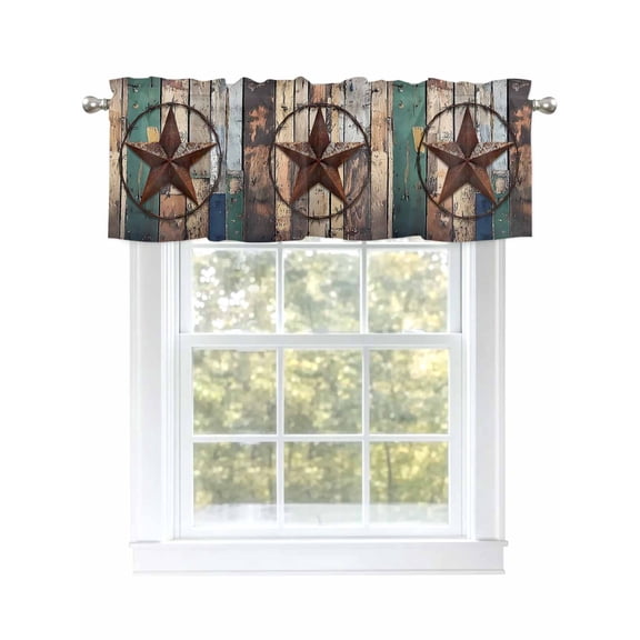 Farmhouse Country Star Valances for Windows, Rod Pocket Kitchen Valance Curtains - Soft & Washable Small Window Treatment for Living Room,&nbsp;Bathroom, Rustic Wood, 54x18inch