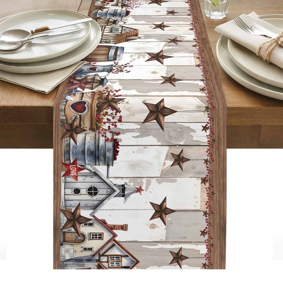 Farmhouse Country Table Runner 13 x 36 Inch, Star Barn Barrel Plant Retro Wood Grain Washable Cotton Linen Dining Table Runner Tabletop Decorations for Restaurant Home Kitchen Party