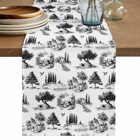 Farmhouse Country Table Runner 90 Inches, Black Vintage Trees Rustic French Garden Bed Runner Dresser Scarves Tabletop for Indoor Outdoor Parties/Ceremony/Banquet, 13" x 90"