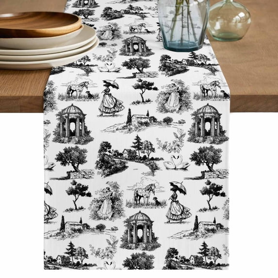 Farmhouse Country Table Runner, Retro French Garden Horse Swan Washable Cotton Linen Table Runners 72 Inches Long, Dresser Scarf Runner for Dining/Coffee/Kitchen/TV Stands/Cabinets 14''x72''