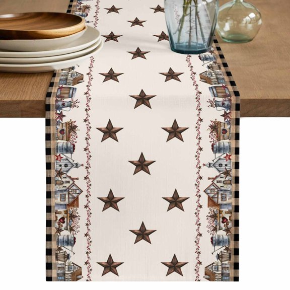 Farmhouse Country Table Runner, Star Barn Bucket Berry Country Vintage Cotton Linen Kitchen Table Decoration Washable Dining Tabletop Runners for Home Party Decor 13x36 Inches