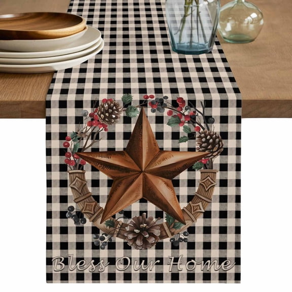 Farmhouse Country Table Runner, Star Bless This Home Black Buffalo Plaid Cotton Linen Kitchen Table Decoration Washable Dining Tabletop Runners for Home Party Decor 13x36 Inches
