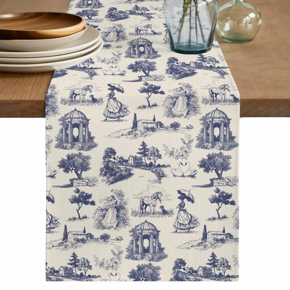 Farmhouse Country Table Runner, Vintage Blue French Garden Horse Swan Washable Cotton Linen Table Runners 36 Inches Long, Dresser Scarf Runner for Nightstand/End Tables/Round Tables 13''x36''