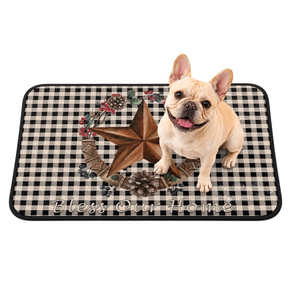 Farmhouse Country Washable Pee Pads for Dogs Star Bless This Home Black Buffalo Plaid Non-Slip Pet Pads Waterproof Puppy Training Mat Soft Dogs Cats Pee Mat for Bed Crate Playpen 24"x18"