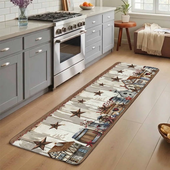Farmhouse Country Washable Runner Rug 1.4x4 ft Star Barn Barrel Plant Retro Wood Grain Non-Slip Hallway Runner Rug, Linen Kitchen Runner Mats, Indoor Floor Carpet for Entryway Bathroom Bedroom