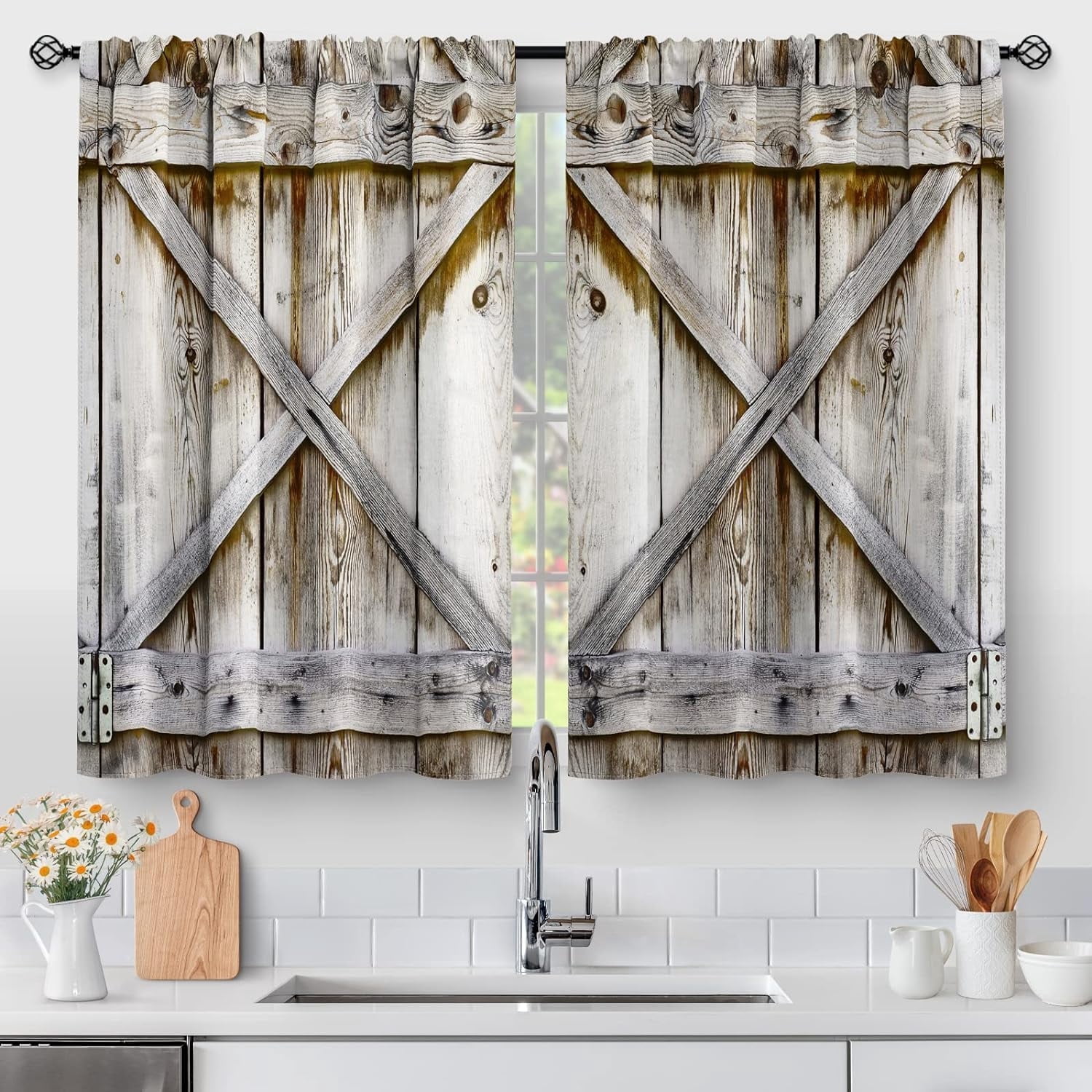 Farmhouse Country Wood Kitchen Curtains - Wooden Barn Door Vintage