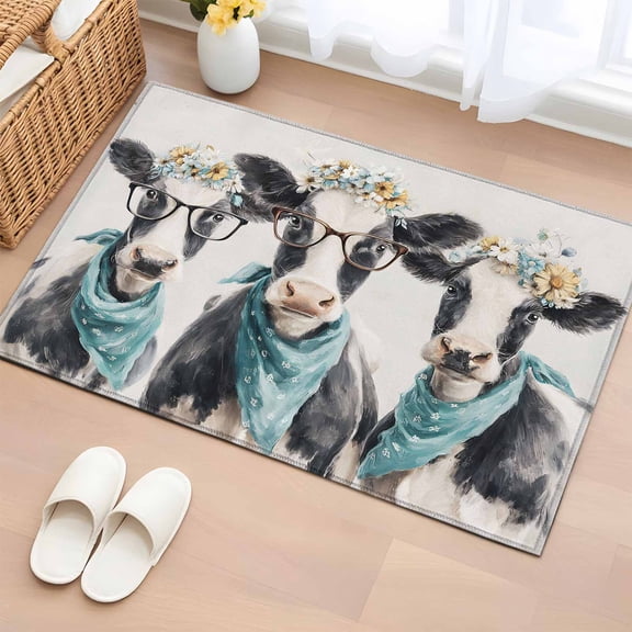 Farmhouse Cow 2'x3' Rug for Entryway Front Door Kitchen Sink Area, Cute Animals Flower Cow Rustic Farm Country Low Pile Washable Non Slip Rectangle Area Rug
