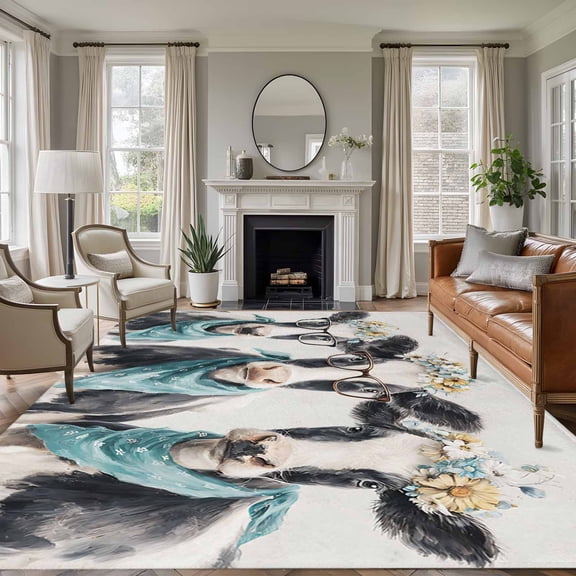 Farmhouse Cow 8'x10' Large Area Rug for Living Room Sectional Sofa, Cute Animals Flower Cow Rustic Farm Country Washable Non Slip Low Pile Rectangle Area Rug