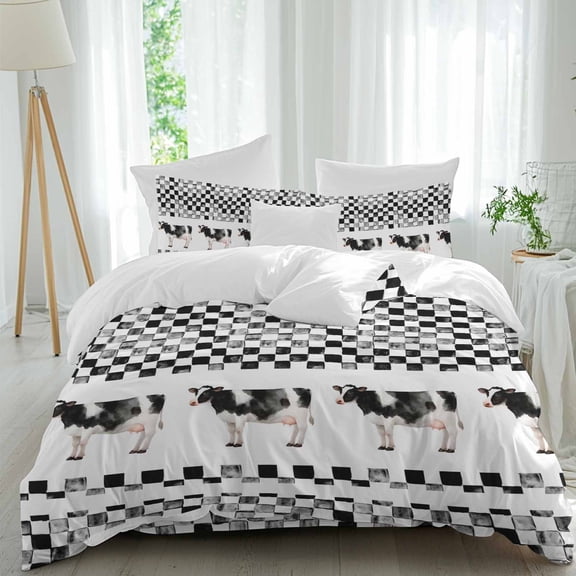 Farmhouse Cow Animal Pattern Queen Size Bed Set,Black White Buffalo Plaid Bedding for All Seasons,4 Pcs Bed Set,1 Quiltcover(90"x92"),1 Sheet(94"x116"),2 Pillowcases(30"x20")