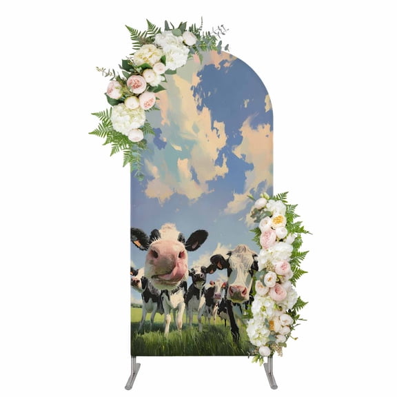 Farmhouse Cow Arch Backdrop Cover 5FT, Blue Sky Grassland Country Rustic Animals Spandex Fitted Stretchy Arch Stand Covers, Round Top Chiara Backdrop Cover for Wedding Party Birthday Baby Shower