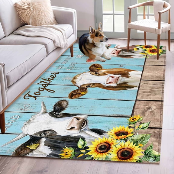 Farmhouse Cow Area Rugs 4'x6', Washable Small Throw Rugs for Office Bathroom, Cabin Sunflowers Animals Blue Wooden Grain Indoor Outdoor Rug Non-Slip Low Pile Carpet Runner Reversible Floor Mats