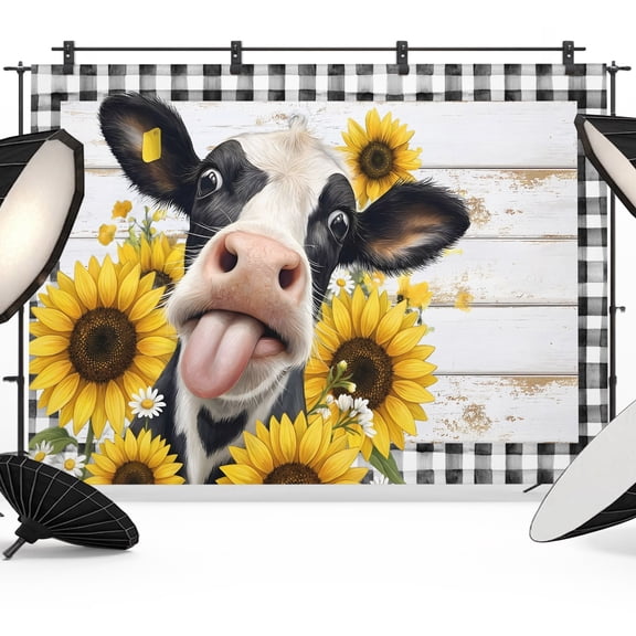 Farmhouse Cow Backdrops for Photography, Animal Pattern Yellow Sunflower Rustic Black Plaid Wood Striped Fabric Photo Background Sturdy Studio Props for Photo Studio, Video Recording Photoshoot 7x5ft