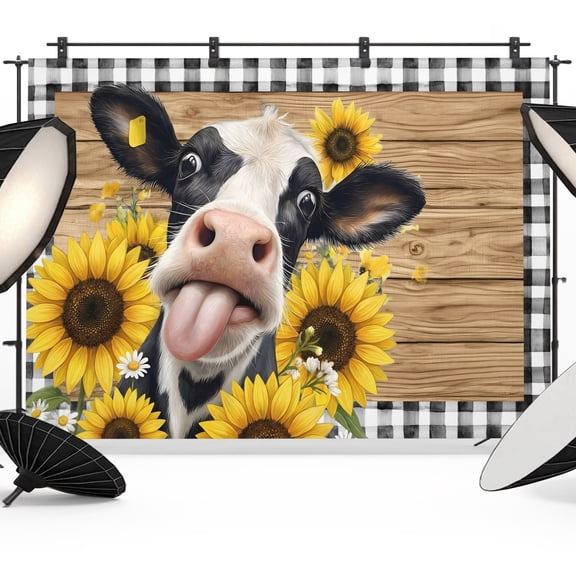 Farmhouse Cow Backdrops for Photography, Animal Pattern Yellow Sunflower Rustic Plaid Brown Wood Grain Fabric Photo Background Sturdy Studio Props for Photo Studio, Video Recording Photoshoot 7x5ft