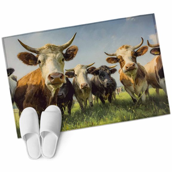 Farmhouse Cow Bathroom Rug Washable 2x3 Entryway Rug Non Slip Green Grassland Blue Sky Natural Animals Front Door Mat Low Pile Indoor Doormat Throw Floor Carpet for Kitchen Bedroom Entrance