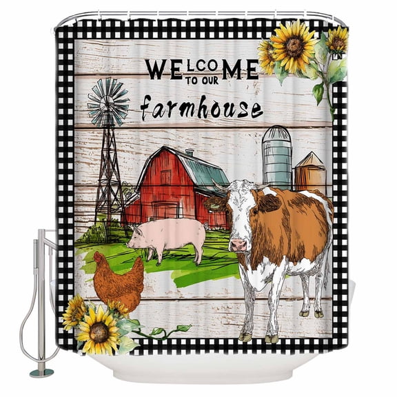 Farmhouse Cow Bathroom Shower Curtains with 12 Hooks Polyester Waterproof Shower Curtain for Stalls and Bathtubs Country Sunflowers Pig Cabin Barn Wooden Decorative Bathroom Curtain 36x72 Inches