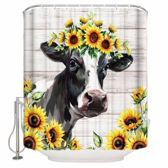 Farmhouse Cow Bathroom Shower Curtains with 12 Hooks Polyester Waterproof Shower Curtain for Stalls and Bathtubs Pastoral Sunflower Botanical Gray Wooden Decorative Bathroom Privacy Curtain 36x72 In
