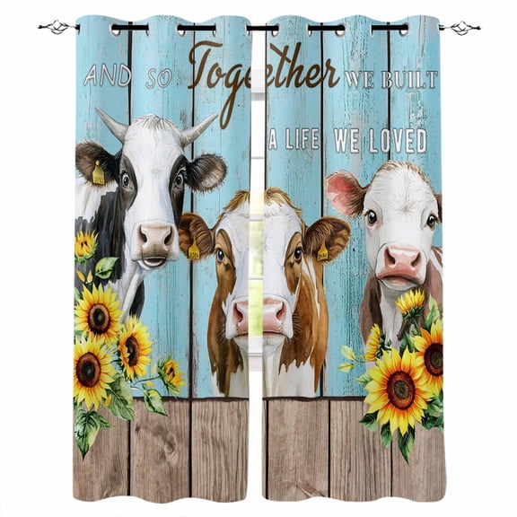 Farmhouse Cow Blackout Curtains for Bedroom, Thermal Insulated Window Treatment, Cabin Sunflowers Animals Blue Wooden Grain Grommet Top Blackout Draperies and Drapes for Basement 27.5"x39" 2 Panels