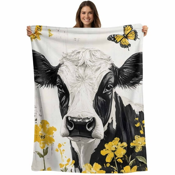 Farmhouse Cow Blanket Soft Cozy Warm Throw Blanket for Couch, Plush Fuzzy Flannel Fleece Blankets for Sofa, Spring Pastoral Yellow Floral Vintage Bed Blankets Lightweight Gifts for Women, 50"x80"