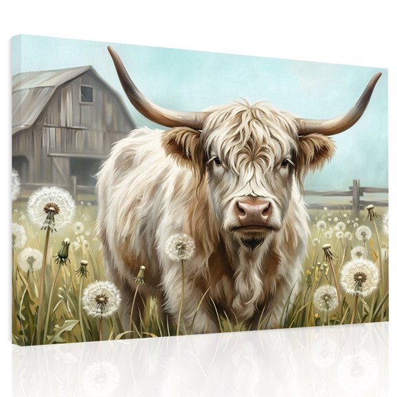 Farmhouse Cow Canvas Print Wall Art, Dandelion Meadow Rustic Pastoral Country Wall Decor Modern Artwork Paintings Pictures for Living Room Framed and Stretched Ready to Hang 24" x 32"