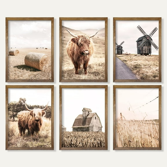 Farmhouse Cow Canvas Wall Decor - Unframed Set of 6, 8x10, Modern Country Highland Cow Art for Bathroom, Bedroom Cottage Rustic Pictures Vintage Posters for Living Room Neutral Cow Decor Stuff Gifts