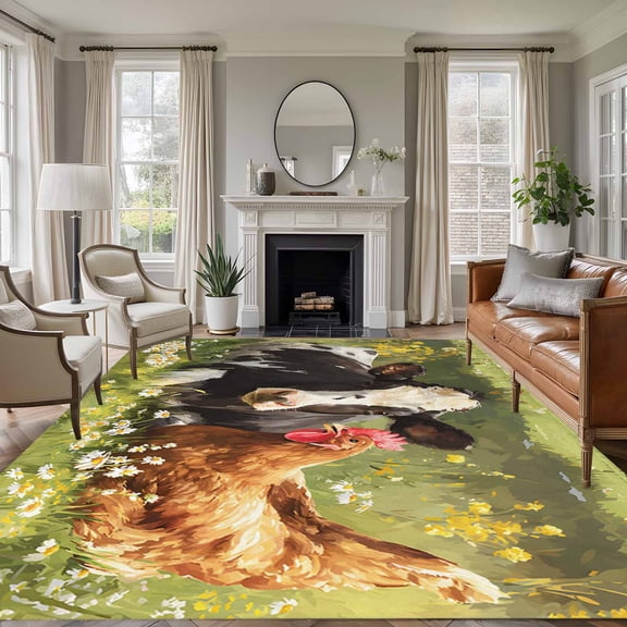 Farmhouse Cow Chicken 6'x9' Large Area Rugs Cute Animals Oil Painting Texture Rustic Farm Washable Area Rugs Non-Slip Indoor Floor Mats Large Carpet for Living Room Bedroom Dining Room