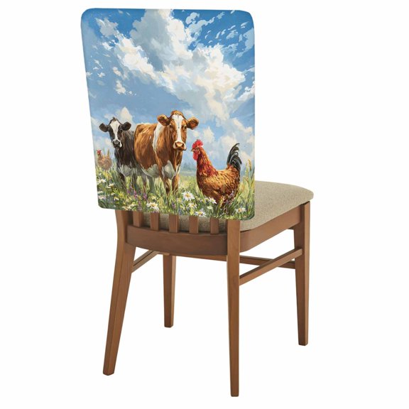 Farmhouse Cow Chicken Chair Covers Set of 1 Cute Animals Blue Sky Rustic Farm Chair Back Covers Stretch Removable Washable Slipcovers Protector for Dining Room Kitchen Party Decor