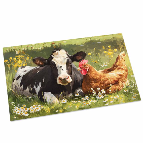 Farmhouse Cow Chicken Door Mat 16x24 Inch Cute Animals Oil Painting Texture Rustic Farm Entryway Rug with Non-Slip Rubber, Front Door Mat Indoor Floor Mats for Living Room Bathroom Bedroom