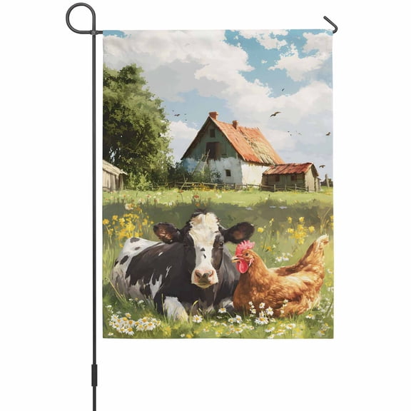 Farmhouse Cow Chicken Garden Flag 12 x 18 Inches, Cute Animals Oil Painting Texture Rustic Farm Weather Proof Outdoor Patio Flags Double Sided Small Garden Decoration for Yard Outside Home