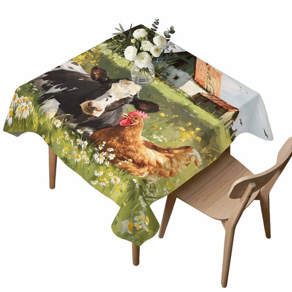 Farmhouse Cow Chicken Square Tablecloth Cute Animals Oil Painting Texture Rustic Farm Waterproof Wrinkle Free Soft Table Cloth Spill-Proof Washable Table Cover for Dining Party Picnic 54 x 54 Inch