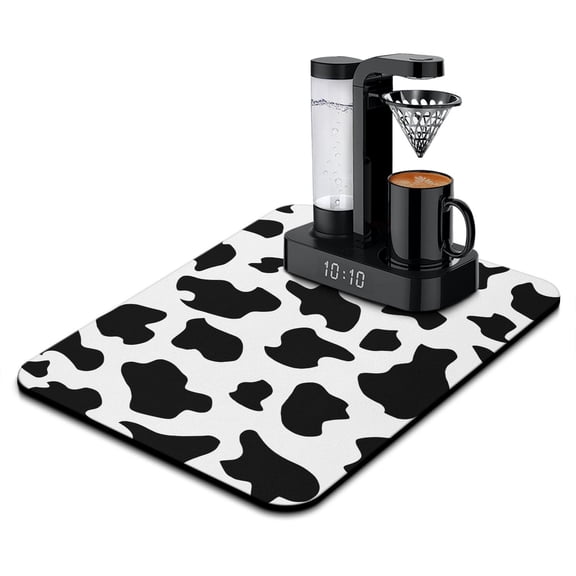 Farmhouse Cow Coffee Bar Mat, Super Absorbent Diatom Mud Dish Drying Pad with Leak-Proof and Heat-Resistant Surface, Country Style Rustic Animal Print Mat for Kitchen Counter, Reusable & Durable Under