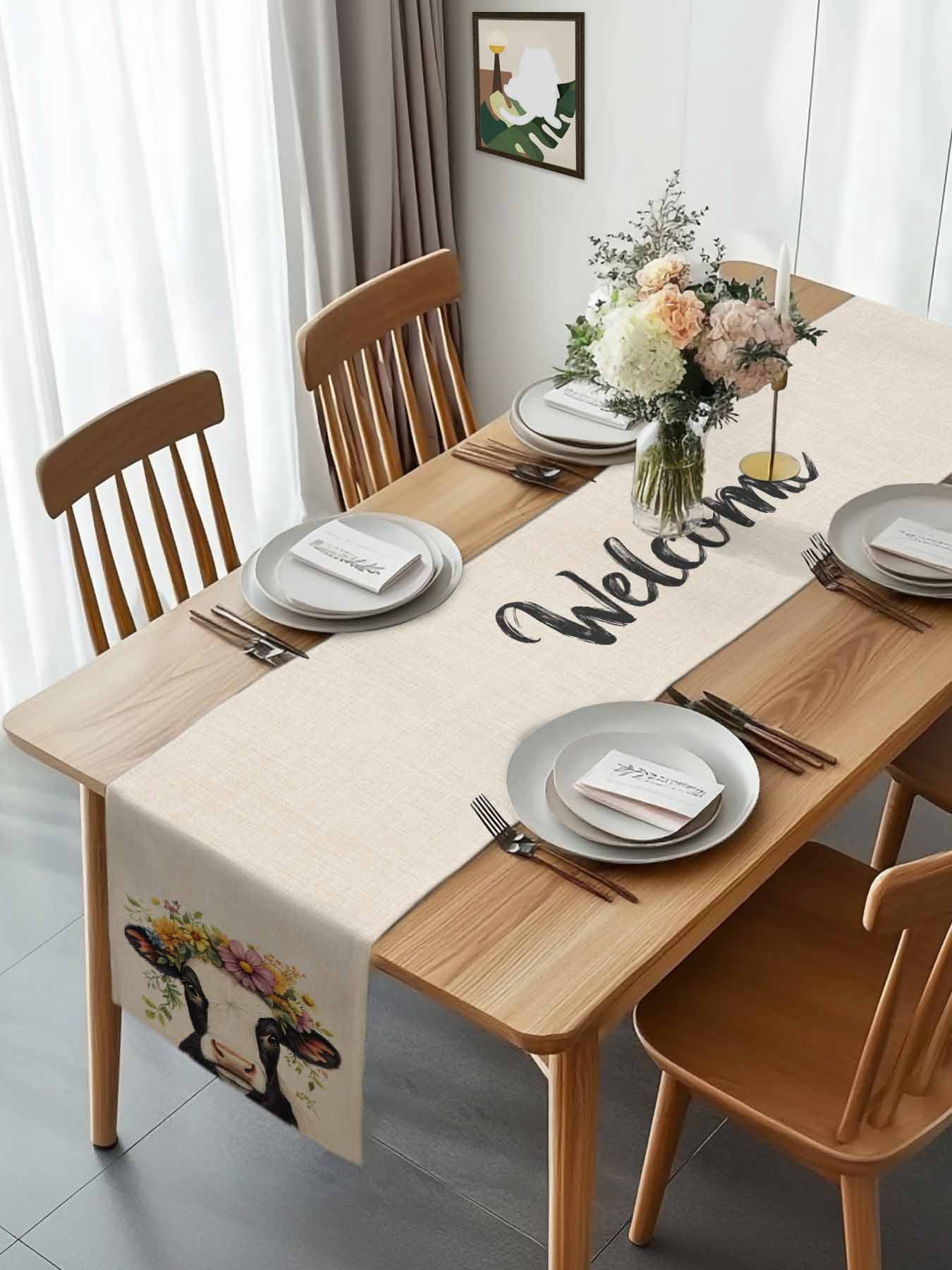 Farmhouse Cow Colorful Garland Table Runner 90 Inches Long, Retro Linen Texture Table Runners Tabletop Scarf Kitchen Dining Tables Decoration for Home Party Indoor Outdoor