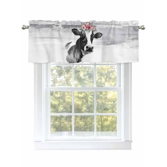 Farmhouse Cow Curtain Valances for Windows, Watercolor Animal Botanical Flowers Kitchen Valance Window Treatment, Light Filtering Block Curtains for Bathroom/Bedroom/Living Room 60'' x 18''
