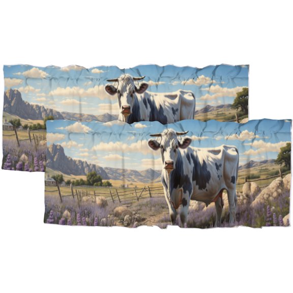 Farmhouse Cow Curtains Valances for Home Decor Farm Animal Rustic Lavender Flower Country Window Treatment Valance Curtains for Bathroom 54 by 18 in, 2 Panel