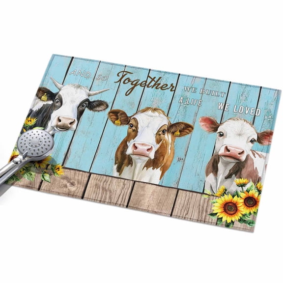Farmhouse Cow Entryway Rug 2x3ft Washable Non Slip Bathroom Rug Indoor Floor Front Door Mat Cabin Sunflowers Animals Blue Wooden Grain Rectangle Area Rugs Carpet for Kitchen Office Dining Room