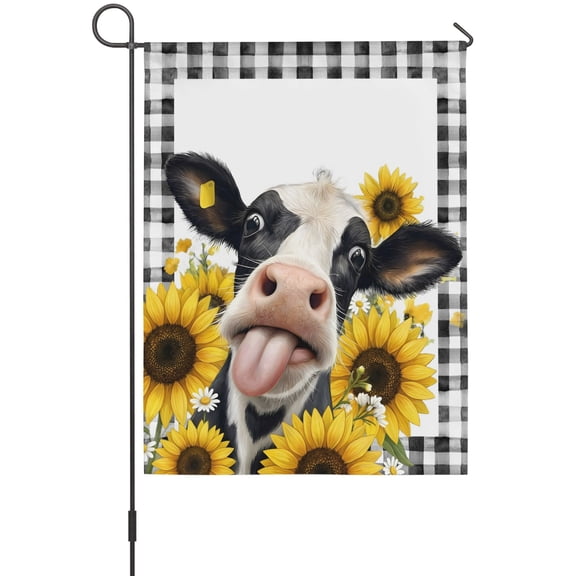 Farmhouse Cow Garden Flag 12 x 18 Inches, Animal Yellow Sunflower Rustic Black Plaid Weather Proof Outdoor Patio Flags Double Sided Small Garden Decoration for Yard Outside Home
