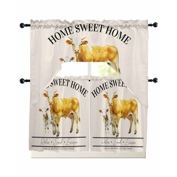 Farmhouse Cow Kitchen Curtains Sets 24 Inch Length with Valance, Vintage Animal Life Better Abstract Text Swag Valances and Tiers Curtain Set Drapes Swag Curtains for Living Room, Bathroom, Bedroom
