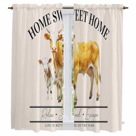 Farmhouse Cow Kitchen Curtains, Vintage Animal Life Better Abstract Text Light Filtering Window Curtain Panels, 2Pcs Rod Pocket Window Treatments Set for Living Room Bathroom Bedroom 42x63 Inches