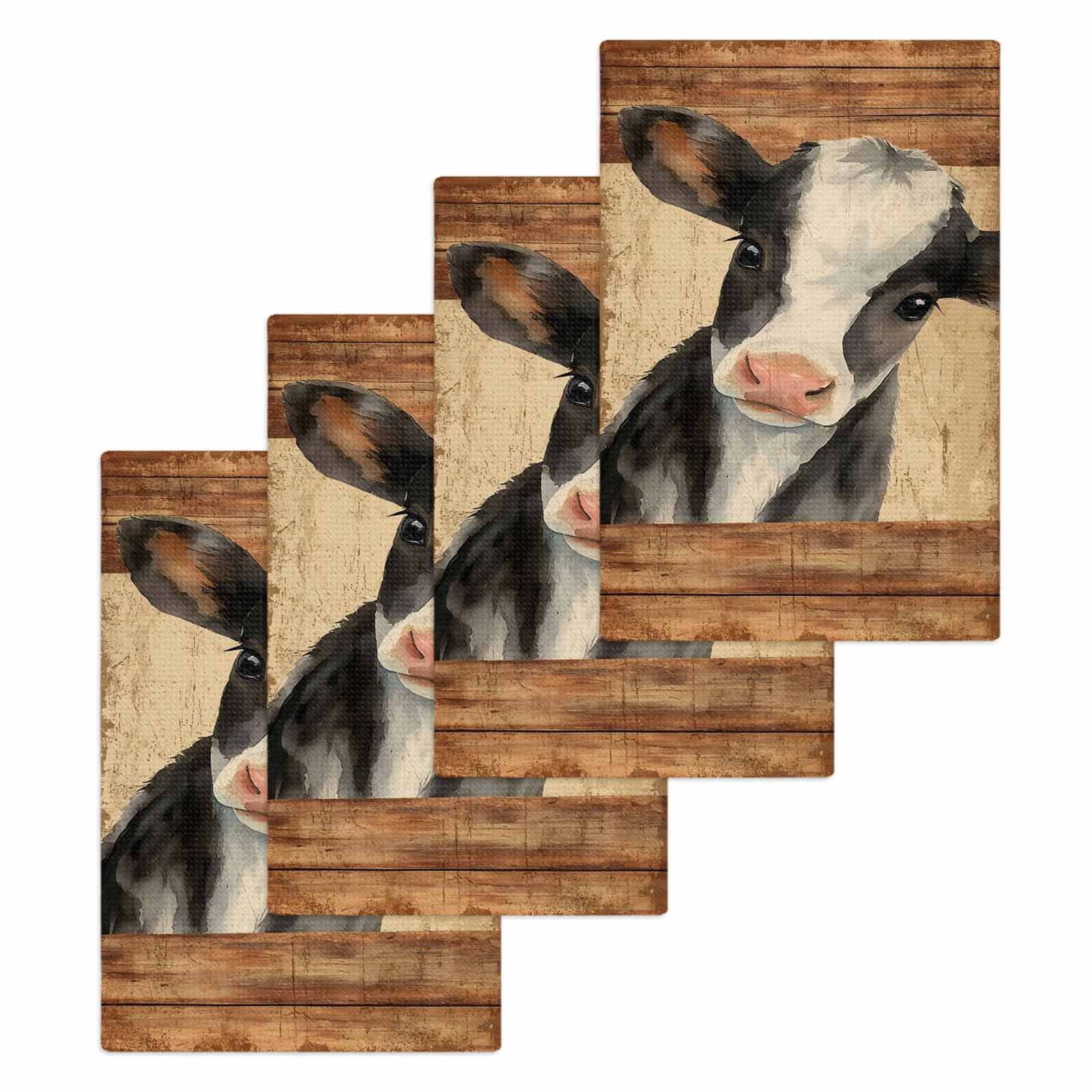 Farmhouse Cow Kitchen Dish Towels for Drying Dishes Set of 4, Country Vintage Animals Wooden Grain Waffle Weave Microfiber Hand Tea Bathroom Towels Quick Dry & Absorbent Towel 15.7x23.6
