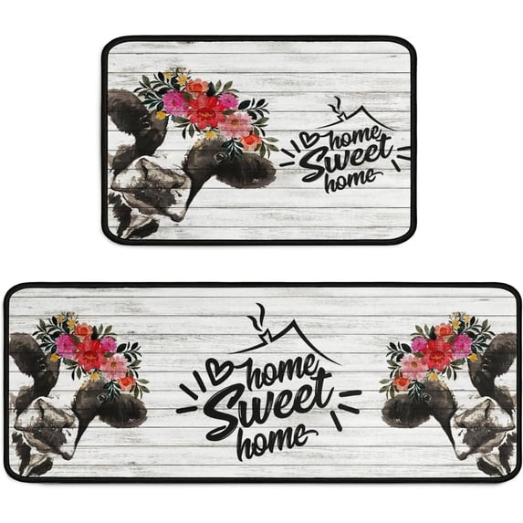 Farmhouse Cow Kitchen Rugs and Mats Set of 2 Pieces,Home Sweet Home Kitchen Mat Non Slip Absorbent Mats for Sink Waterproof Runner Rug for Laundry Room17 x48